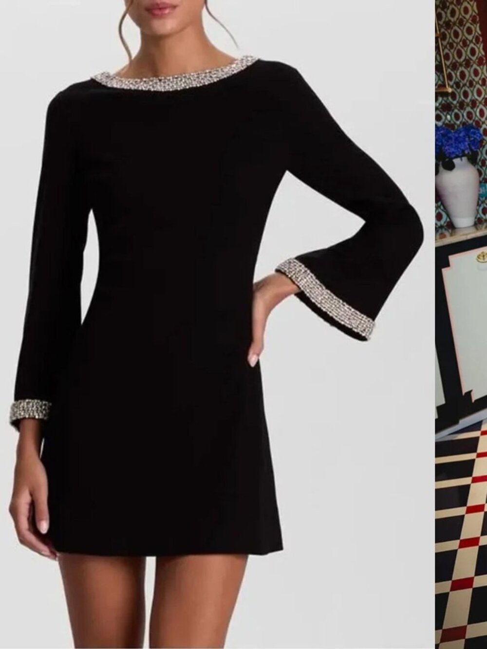 Alice + Olivia Mailynn BLACK RHINESTONE Trim Mini Dress BELL SLEEVE 2 NWT $695